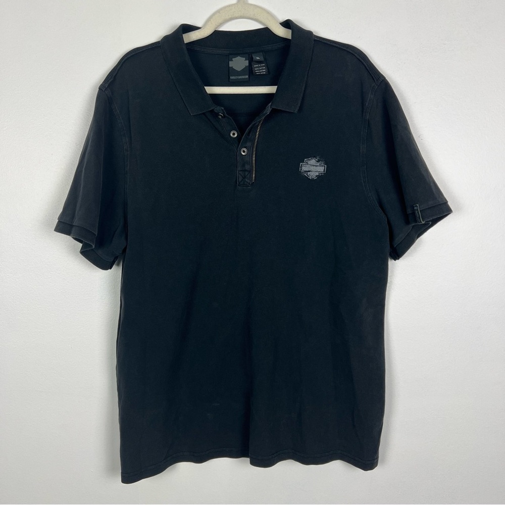Harley Davidson Black Polo Short Sleeve Shirt Zipper Neck Detail Size XL